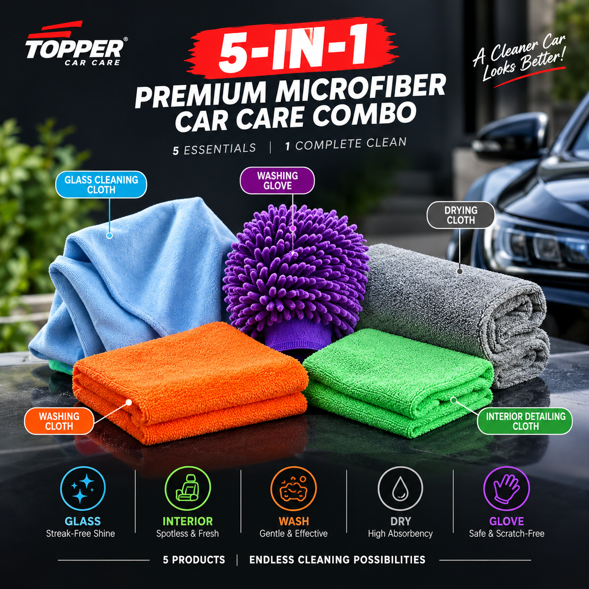 5-in-1 Premium Microfiber Car Care Combo